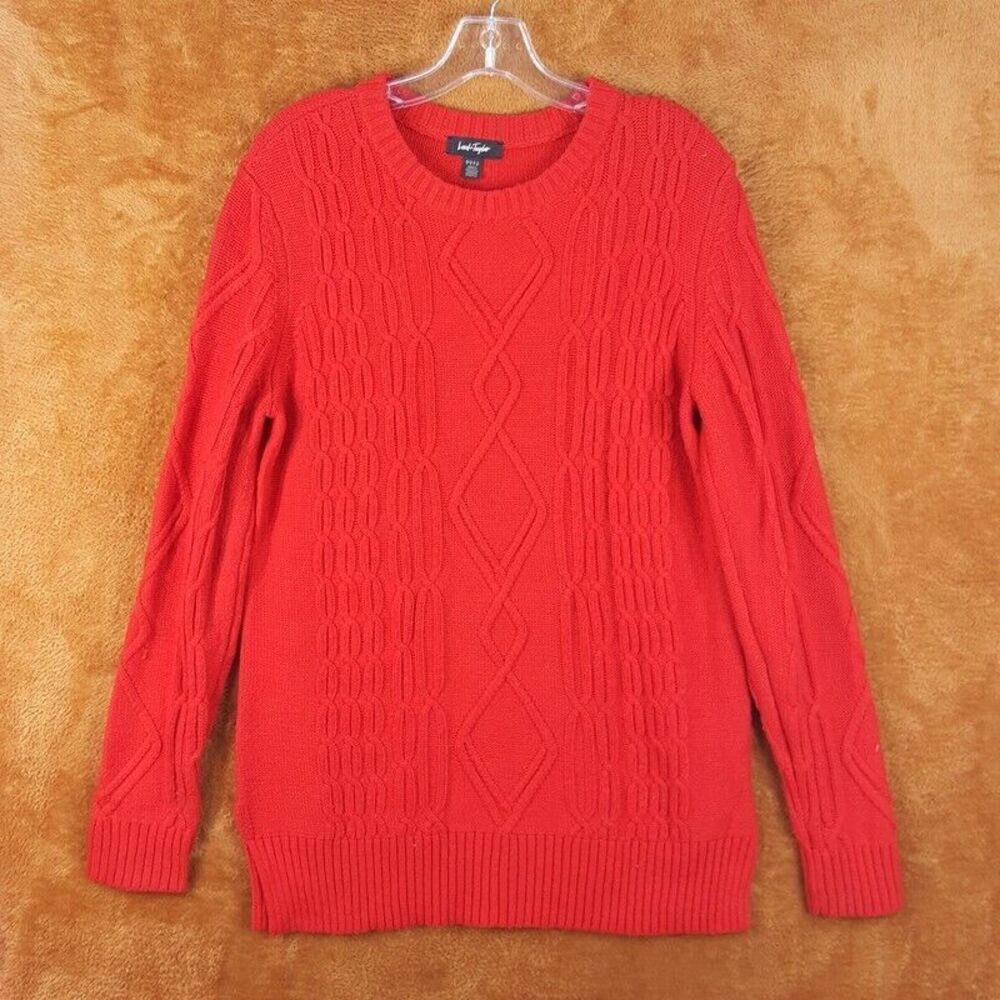LORD & TAYLOR Womens Sweater Large Red Pullover Cableknit Chunky Knit Side Slit